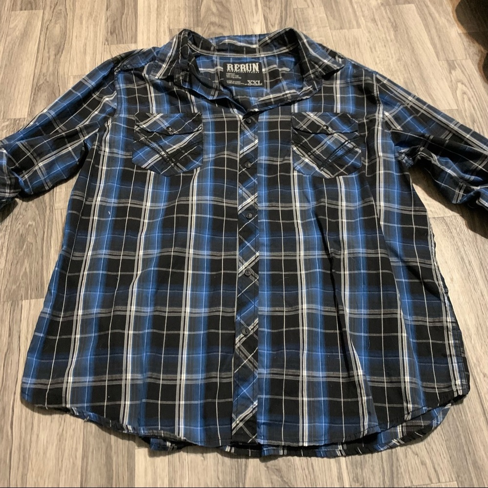 Rerun Blue Black Plaid Button Long Sleeve; XXL